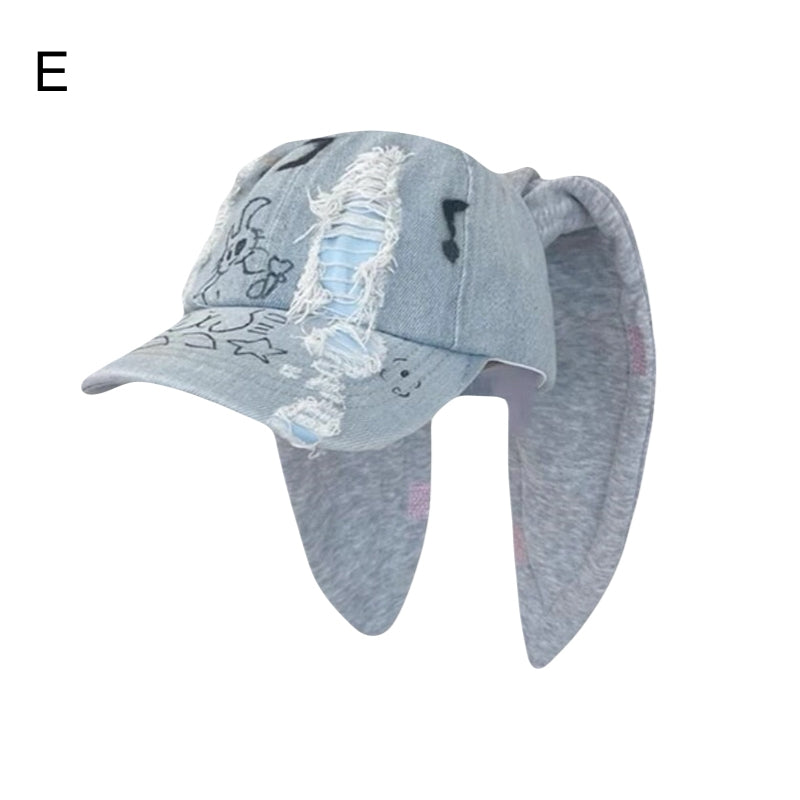 Cute Streetwear Bunny Ear Denim Baseball Cap Washed Graffiti Hip Hop Style Hat
